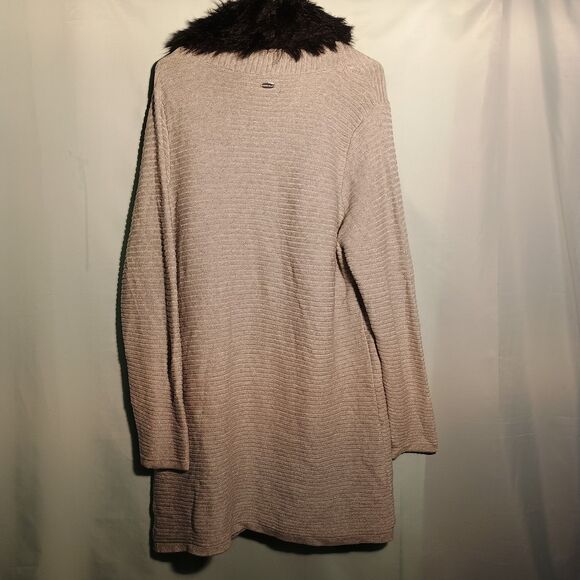Women's Taupe Knit Cardigan with Black Faux Fur Collar – Cozy Open Front Sweater - Picture 5 of 6